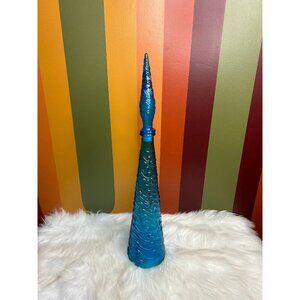 genie bottle blue glass decanter vintage wave MCM  - hazing in lid